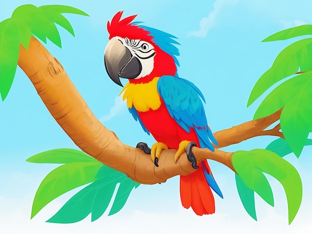 A macaw is sitting on a tree branch with blue sky