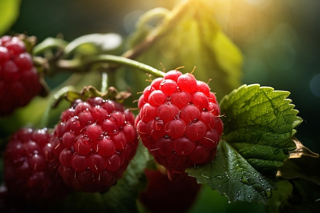 Macro Ripe Raspberries on a Branch in Garden