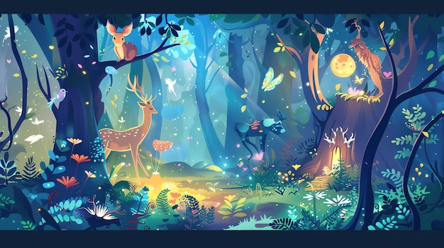 Photo magical forest scene with glowing lights animals and a moon