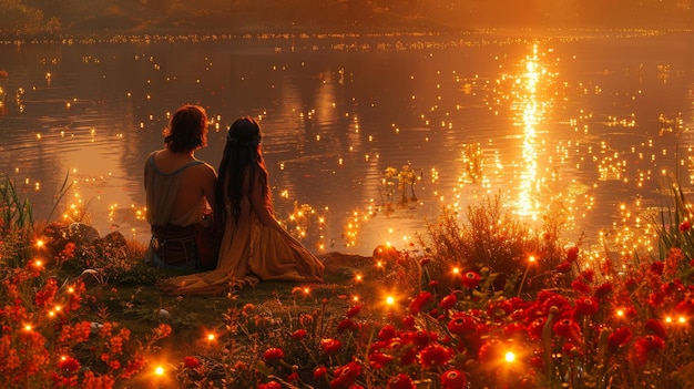 Photo a magical garden setting where a couple sitting together amidst blooming flowers fairy lights and a tranquil pond