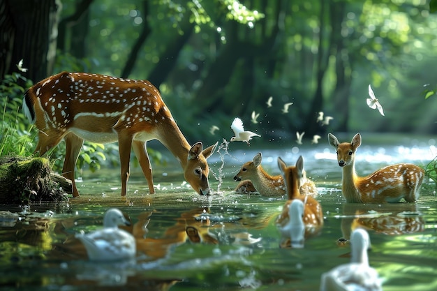 Photo majestic deer family drinking water in peaceful forest stream at dawn