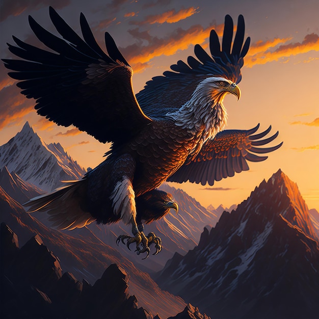 A majestic eagle soars gracefully above a craggy mountain peak