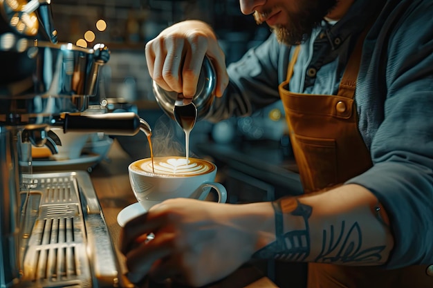 Photo male barista at coffee shop making latte and cappuccino skilled bartender preparing drink