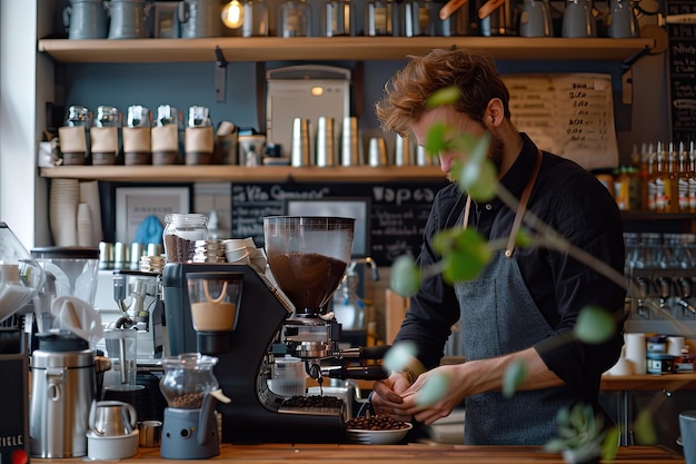 Photo male barista preparing coffee in a coffee shop