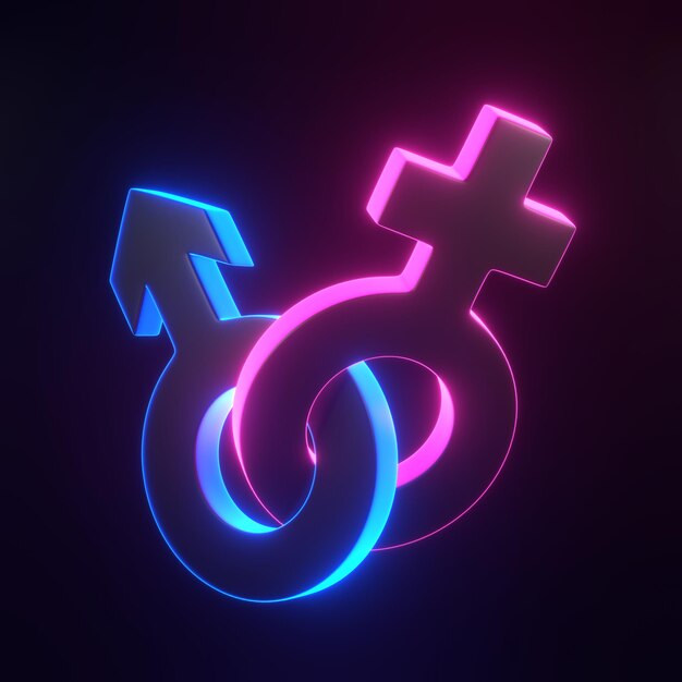 Photo male and female symbols joined together with bright glowing blue neon lights on black background 3d