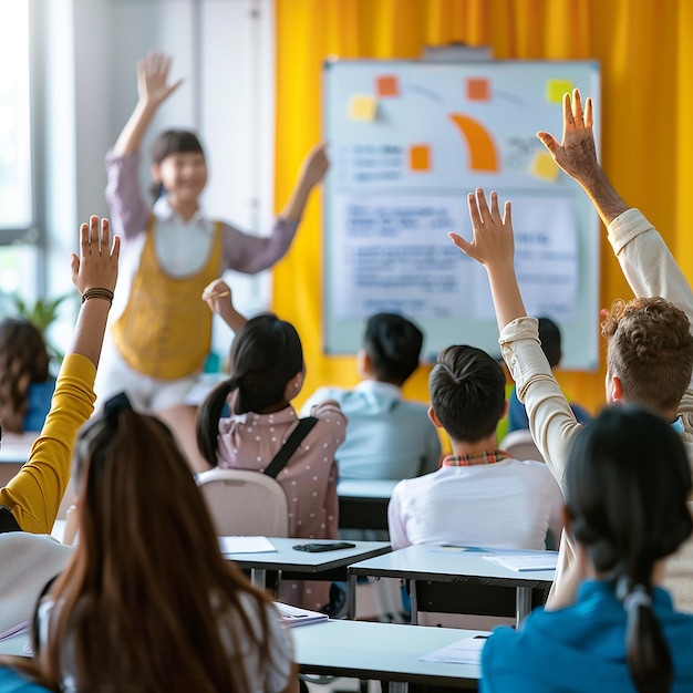 Photo male teacher leading lesson calling on students in classroom