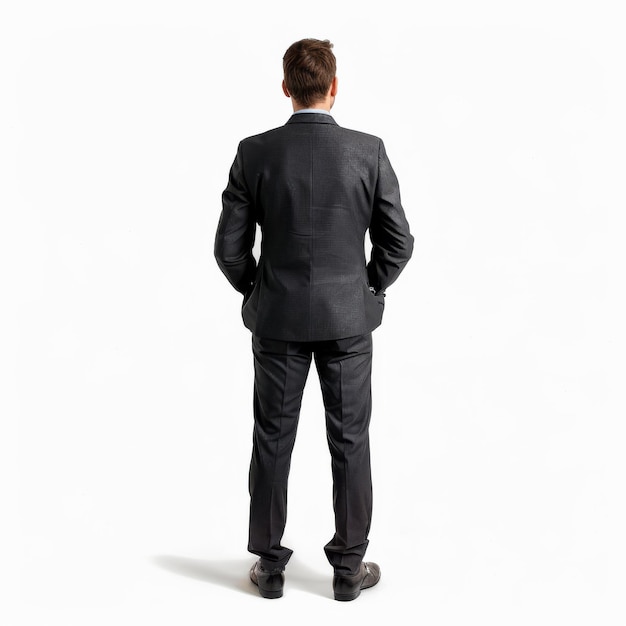 A man in a black suit stands in front of a white background