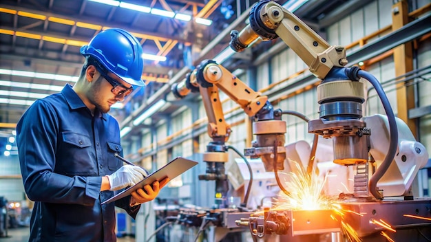 Photo a man in a blue hard hat is using a tablet in a factory