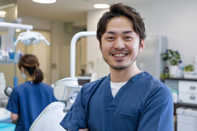 Foto un uomo in abiti blu si trova di fronte a una sedia dentale dentale dentala