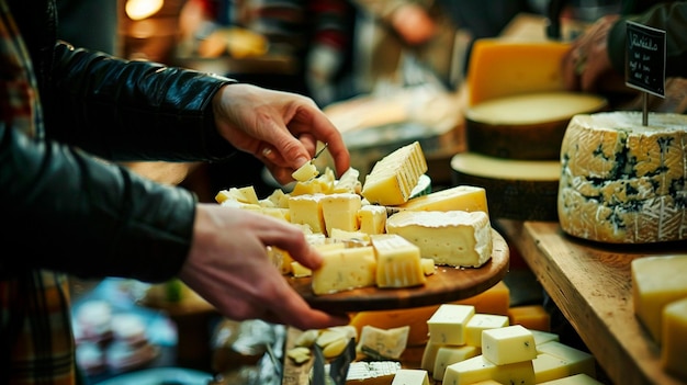 Photo man in blue shirt holding cheese