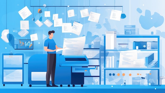 Photo a man in a blue shirt stands by a large printer ready to print a stack of papers the room is filled with light and a sense of productivity