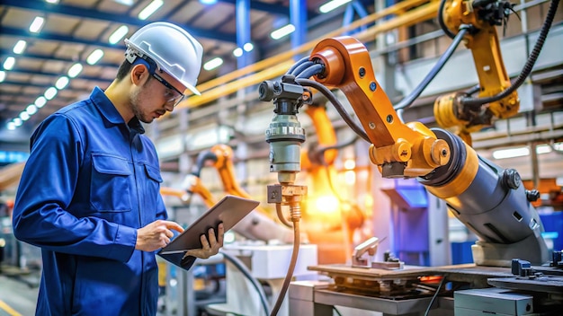 Photo a man in a blue uniform is looking at a tablet with a robot on it