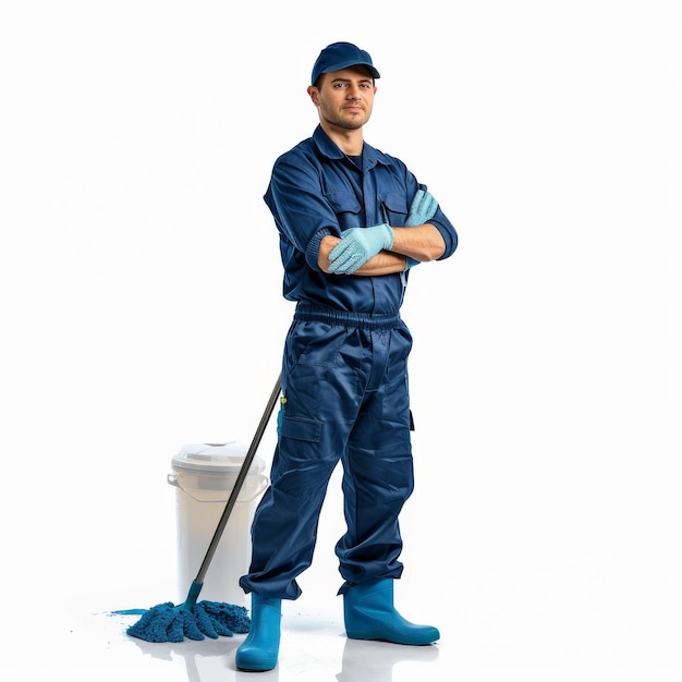 A man in a blue uniform stands with his arms crossed in front of a bucket