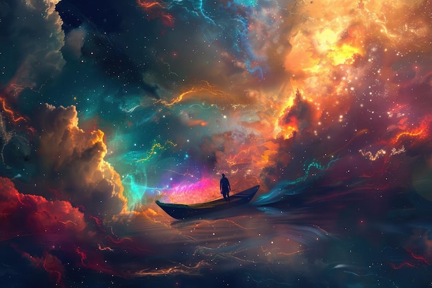 Man on a Boat in Outer Space with Colorful Cloud Illustration