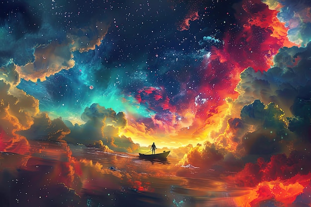 Man on a Boat in Outer Space with Colorful Cloud Illustration