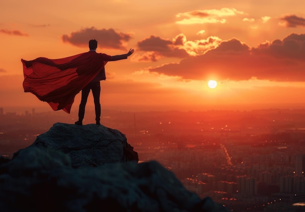 Photo man in cape standing on mountaintop at sunset