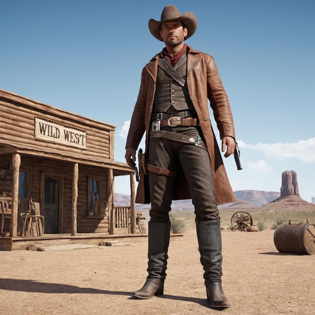 Photo a man in a cowboy hat stands in front of a building with a gun in his hand