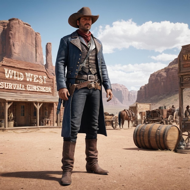 Photo a man in a cowboy hat stands in front of a store with a sign that says wild west