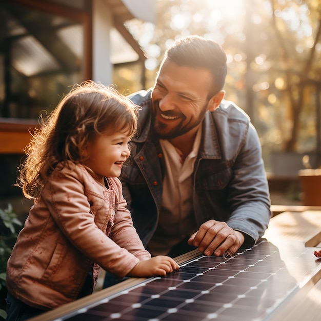 A Man and a Daughter Pose for a Picture with Solar Panels on the Roof