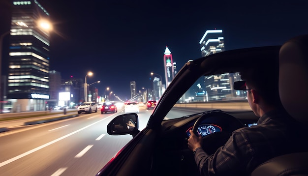 Photo man driving car in night city isolated with white highlights