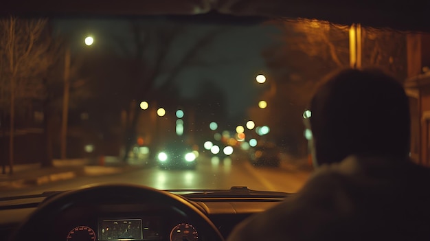 Photo a man driving a car at night with the lights on