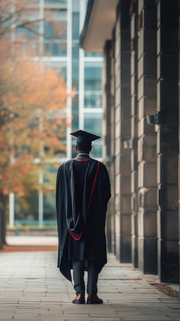 Man in Graduation Gown Walking Down Sidewalk