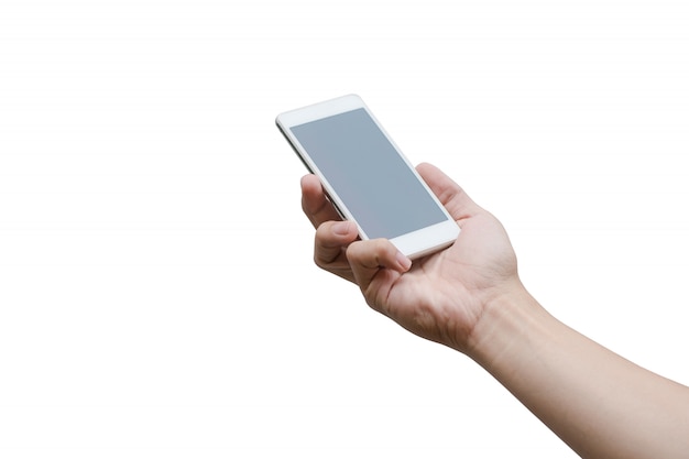 Man hand holding the white smartphone isolated on white with clipping path.