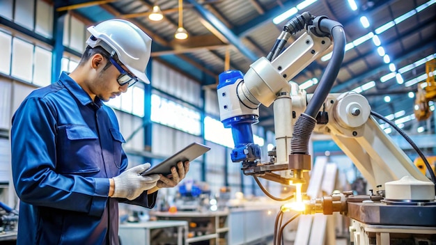 Photo a man in a hard hat is using a tablet in a factory