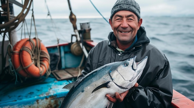 Foto un uomo che tiene un pesce che ha un tag su di esso