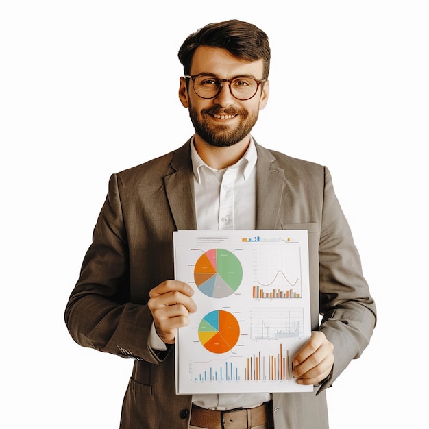 a man holding a paper with graphs and charts on it