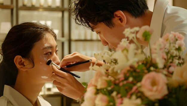 Photo a man is brushing his teeth with a womans makeup