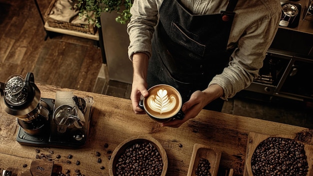 Photo a man is holding a cup of coffee and a coffee with the word latte on it