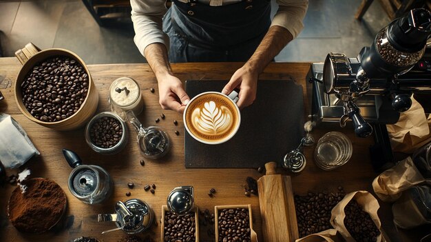 Photo a man is holding a cup of coffee and a sign that says coffee