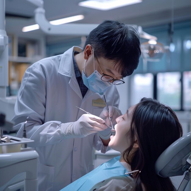 Foto un uomo sta guardando una donna in una sedia dentale