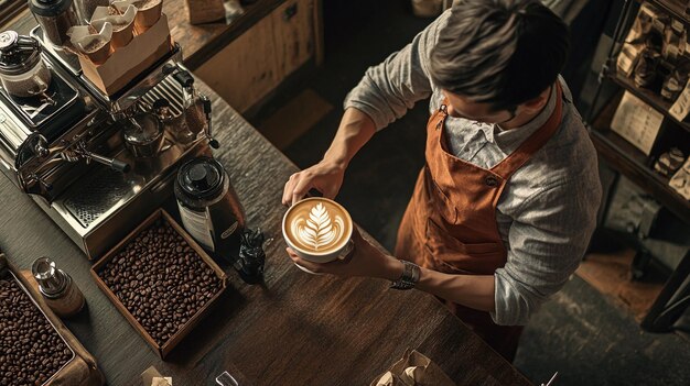 Photo a man is pouring a cup of coffee with a cappuccino on it