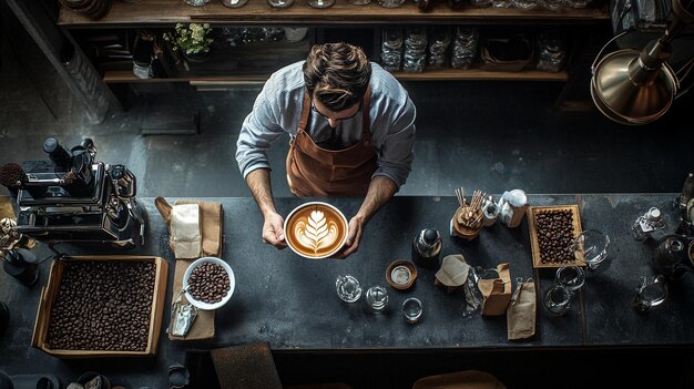 Photo a man is pouring a cup of coffee with a light on it