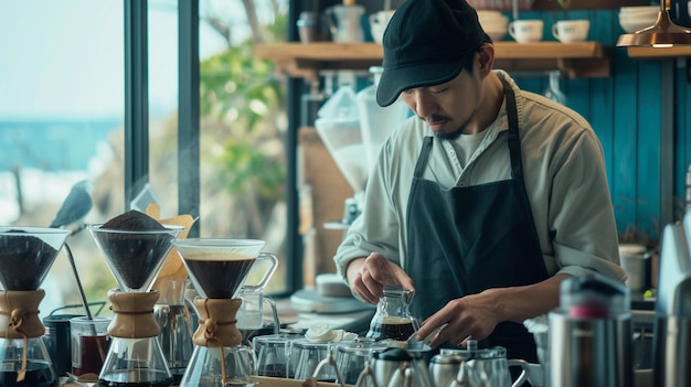 Photo a man is working at a coffee shop with a cap on