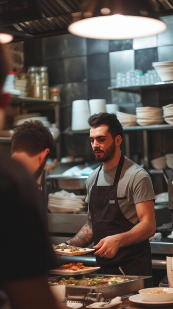 a man in a kitchen with a shirt that says quot hes working quot