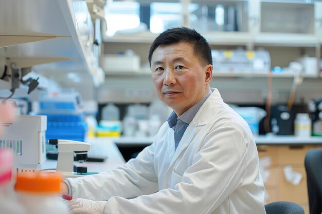 Photo a man in a lab coat is sitting at a desk with a microscope