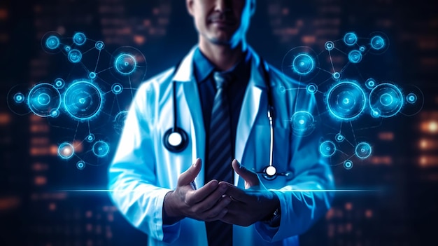 A man in a lab coat with a blue background and the words'healthcare'on it