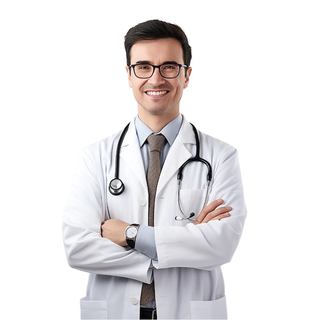 a man in a lab coat with a logo on the front