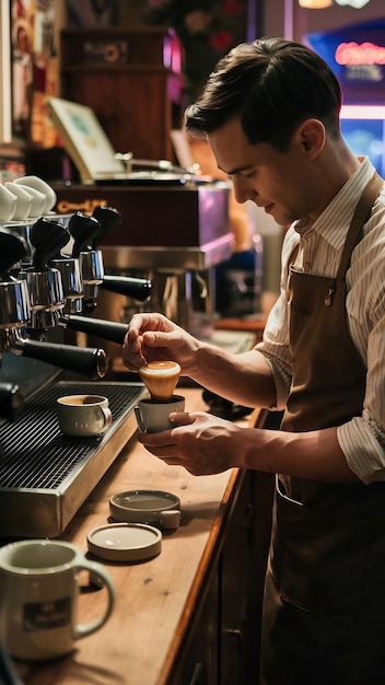 Photo man making drip fresh coffee in vintage coffee shop