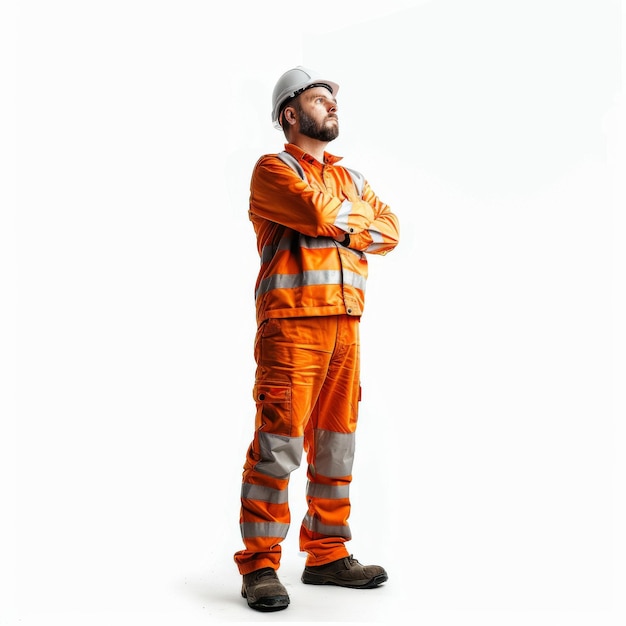 A man in orange safety gear stands with his arms crossed