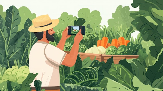 Photo man photographing fresh vegetables in a garden