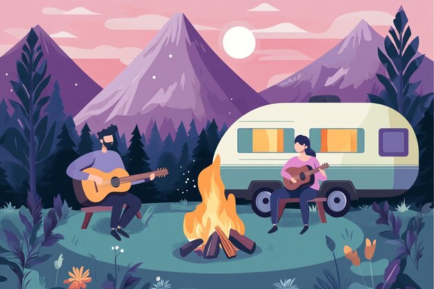 Photo a man playing guitar and guitar by a campfire