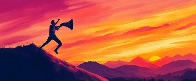 Photo a man silhouette jumps on a mountain top at sunset holding a megaphone and shouts towards the horizon