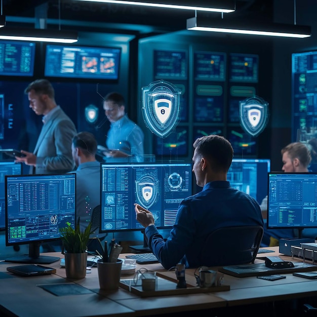 a man sits in front of a computer with a shield on the front