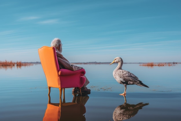 a man sitting on a chair in front of a body of water Generative AI