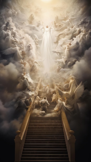 a man sitting on a staircase with angels and clouds in the background