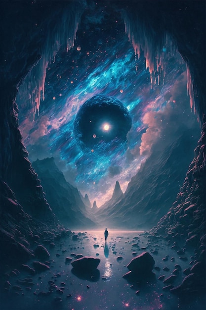 Photo man standing in a cave looking at a star filled sky generative ai